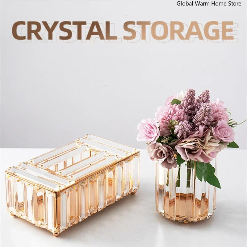 Crystal Tissue Box Nordic Fashionable Office Table Napkins Storage Box Bar Gold Diamond Holder Living Room Bedroom Decor Gift