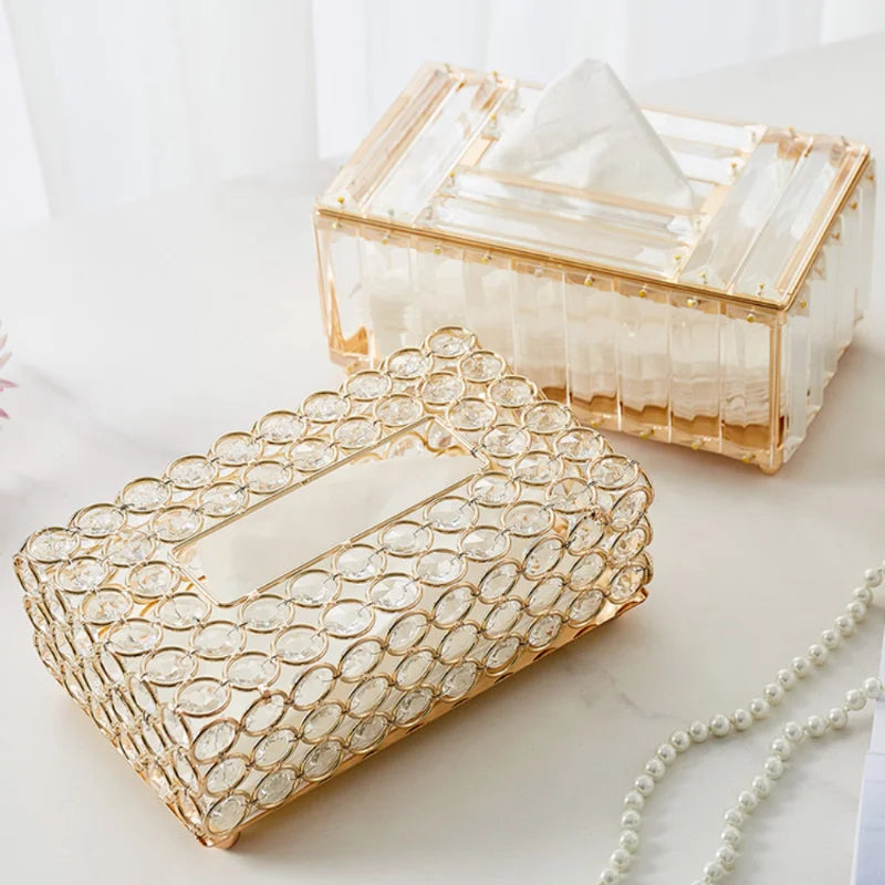 Crystal Tissue Box Nordic Fashionable Office Table Napkins Storage Box Bar Gold Diamond Holder Living Room Bedroom Decor Gift
