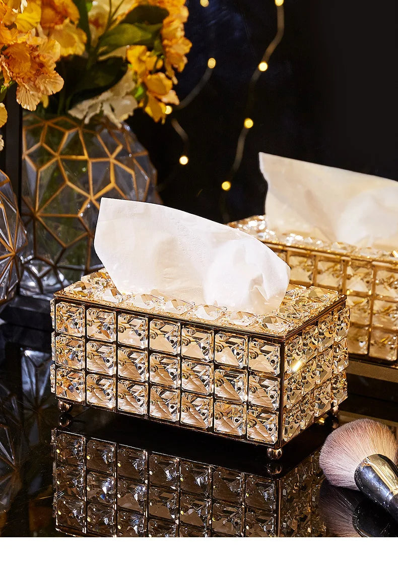 Crystal Tissue Box Nordic Fashionable Office Table Napkins Storage Box Bar Gold Diamond Holder Living Room Bedroom Decor Gift